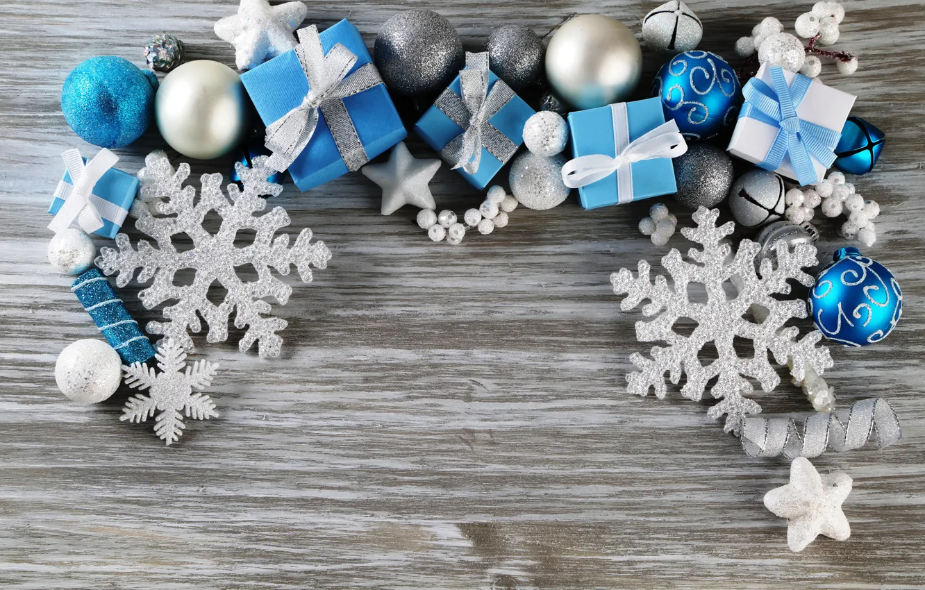 Фото обои зима, снежинки, фон, игрушки, Новый Год, голубые, Рождество, белые