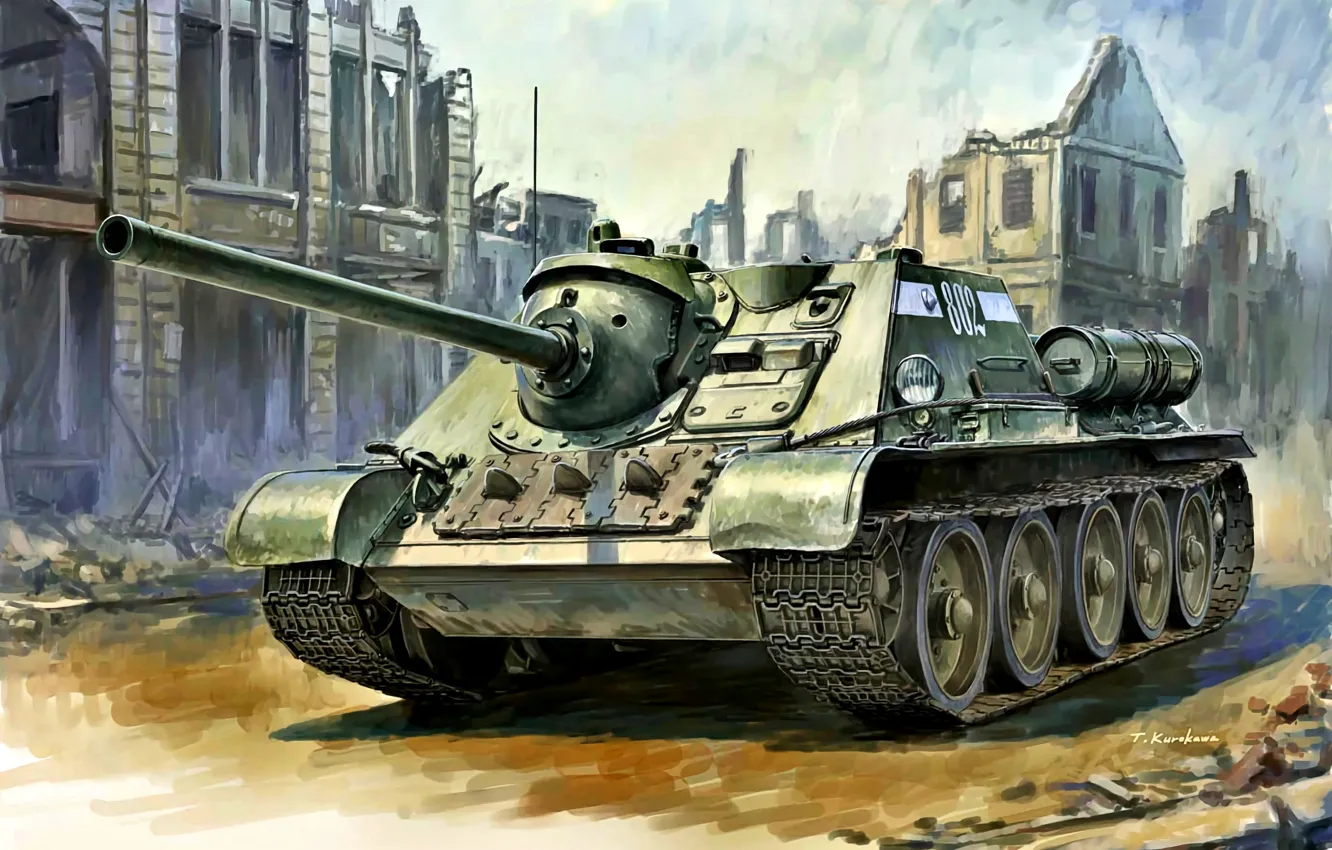 Фото обои СССР, САУ, Истребитель танков, Красная Армия, СУ-85, времен Второй Мировой войны, Развалины дома