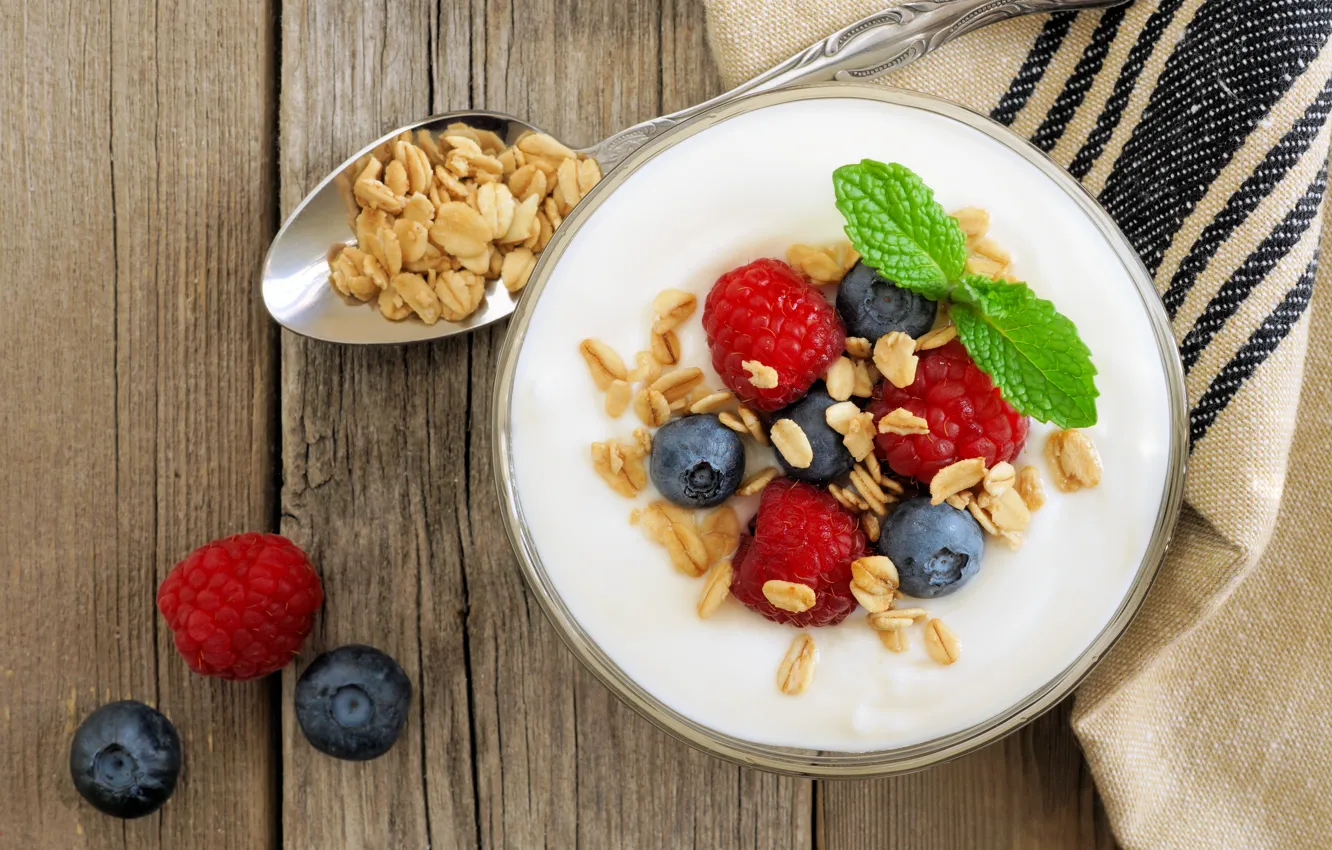 Фото обои ягоды, завтрак, йогурт, granola, овсянка