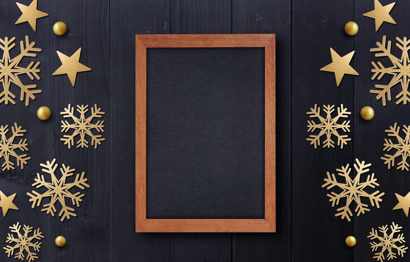 Фото обои зима, снежинки, рамка, golden, черный фон, black, Christmas, winter