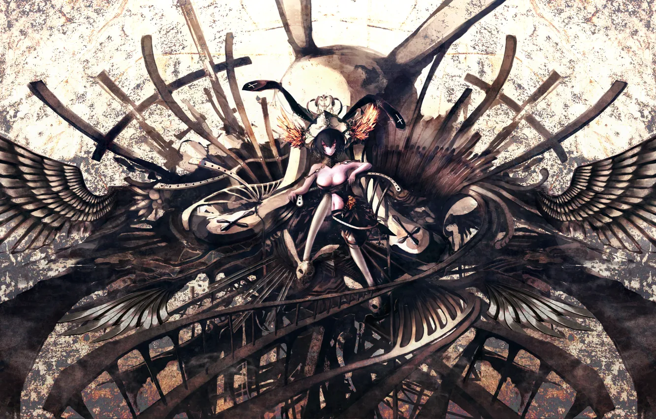 Фото обои грудь, девушка, кресты, череп, крылья, аниме, корона, арт