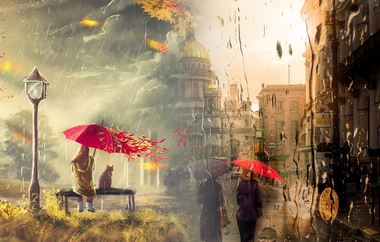 Фото обои осень, девушка, капли, природа, зонт, фонарь, санкт-петербург