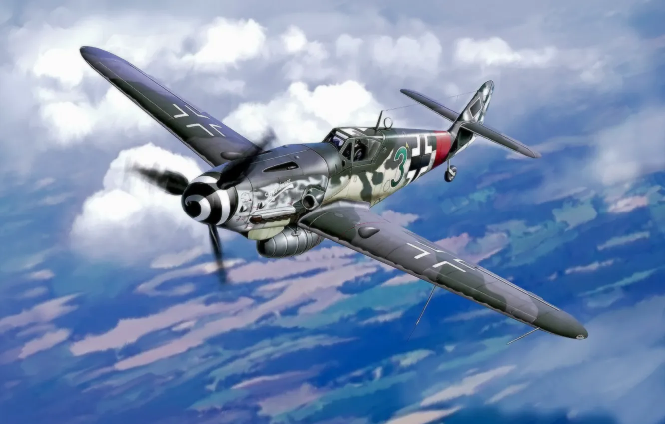 Фото обои war, art, airplane, painting, aviation, ww2, bf 109, german fighter