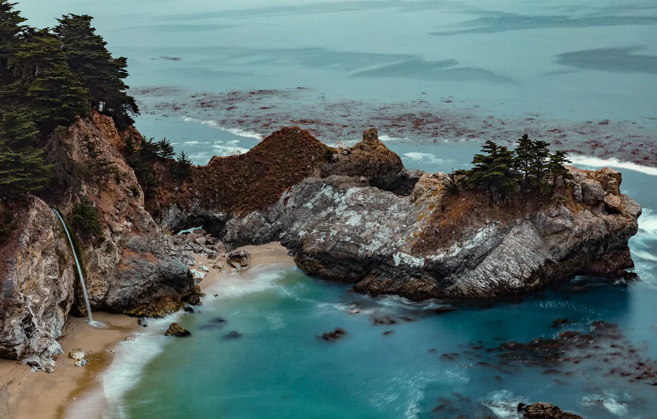 Фото обои деревья, камни, водопад, лагуна, CALIFORNIA