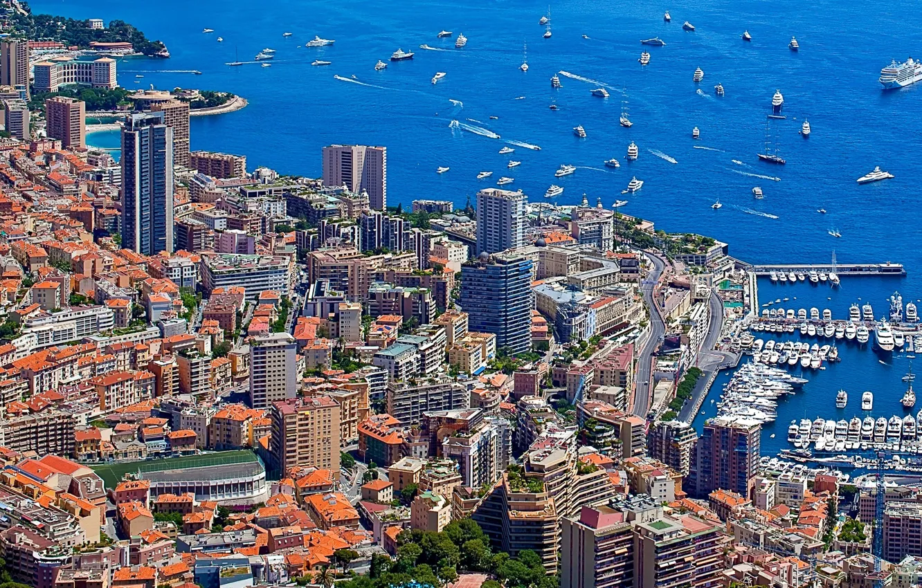 Фото обои море, дома, яхты, порт, катера, набережная, небоскрёбы, Монако