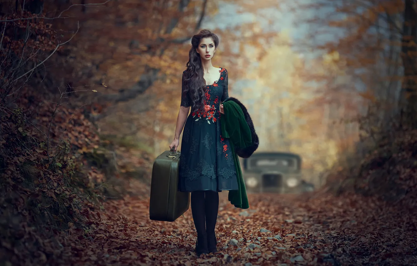 Фото обои машина, авто, осень, девушка, настроение, листва, платье, чемодан
