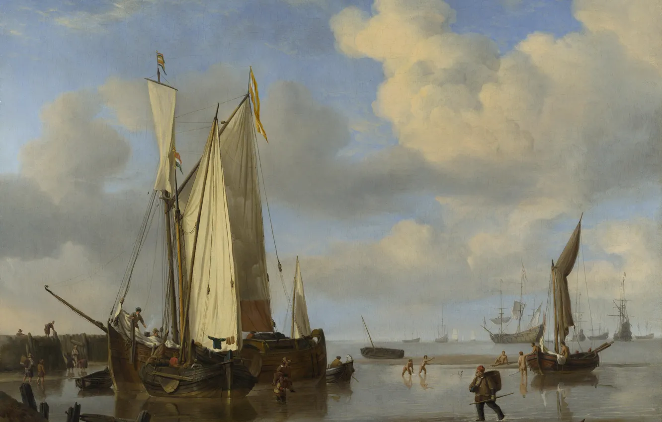 Фото обои корабль, картина, парус, Виллем ван де Велде Младший, Dutch Vessels Inshore and Men Bathing, Willem …