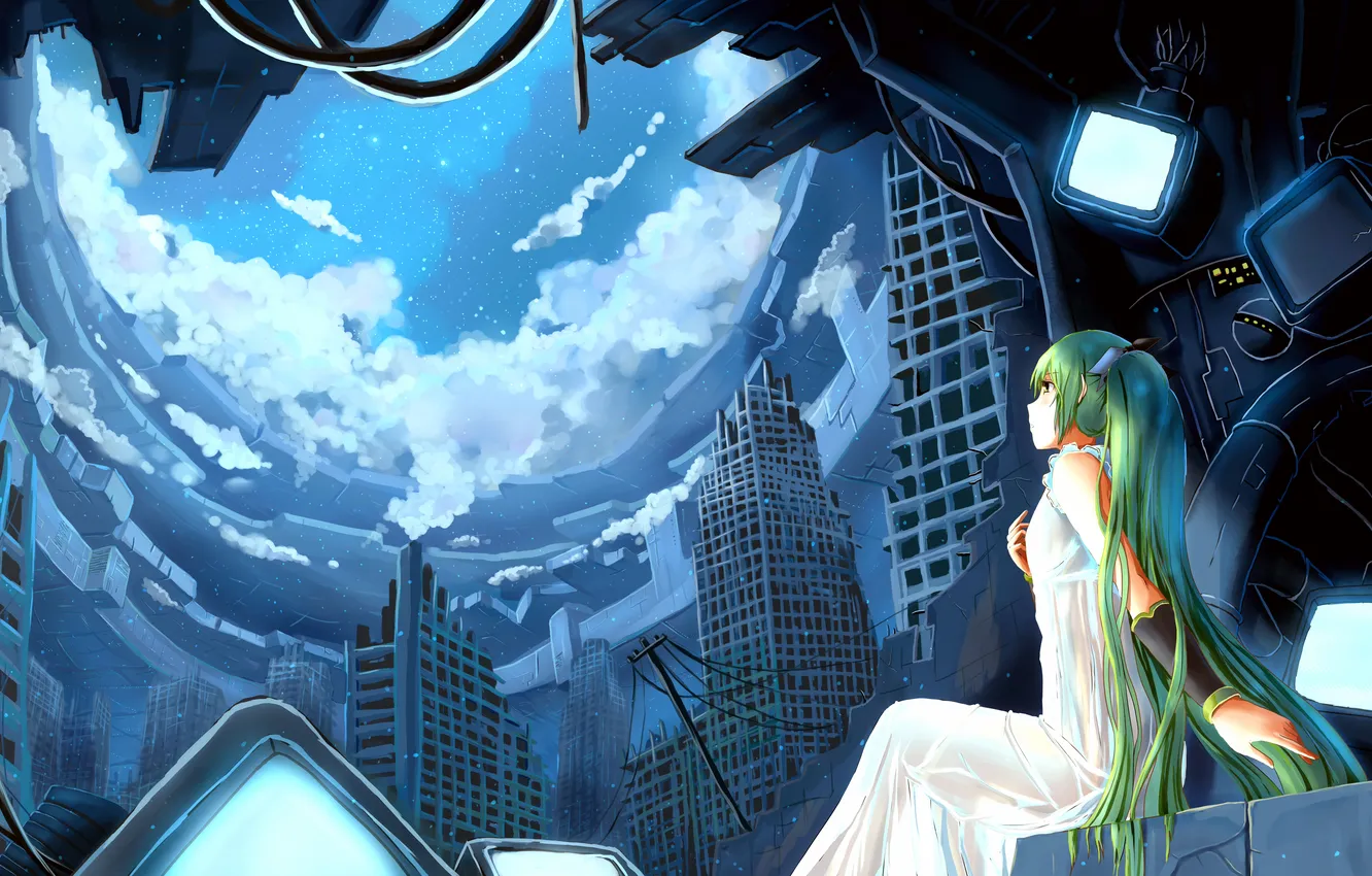 Фото обои девушка, звезды, облака, ночь, город, vocaloid, hatsune miku, телевизоры