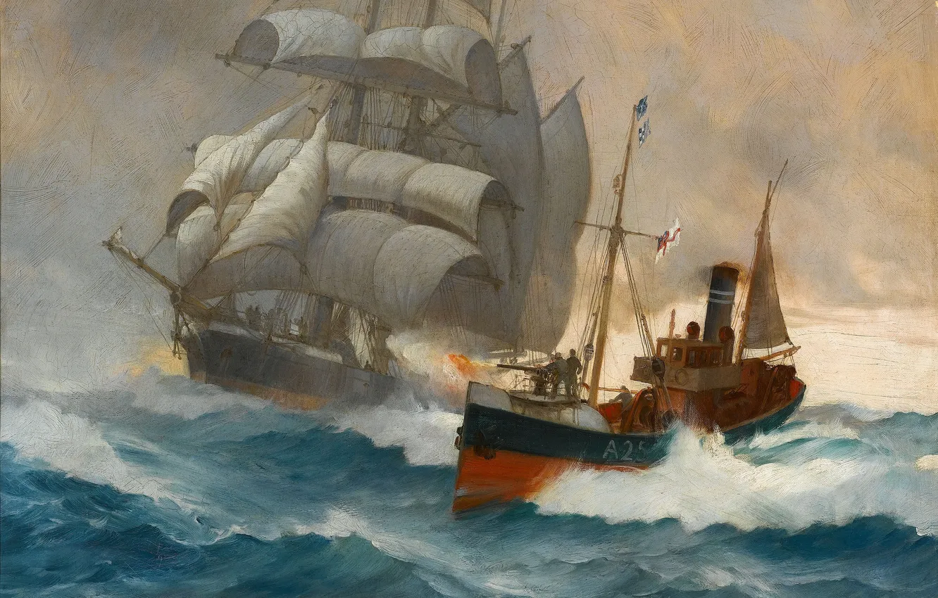 Фото обои море, волны, корабль, парусник, Montague Dawson, Boat, Clipper, клипер