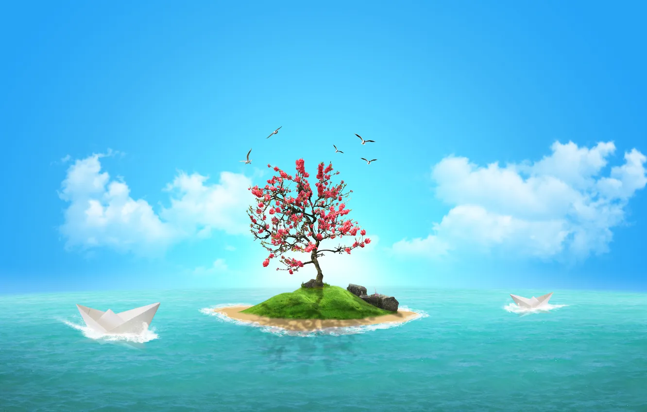 Фото обои камни, дерево, чайки, Остров, бумажные кораблики