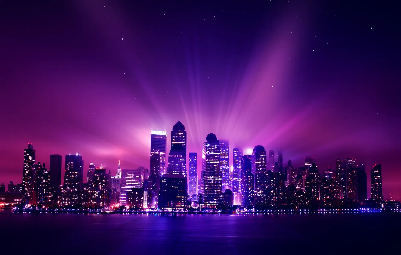 Фото обои city, aurora, USA, night, new york, stars, purple, night city