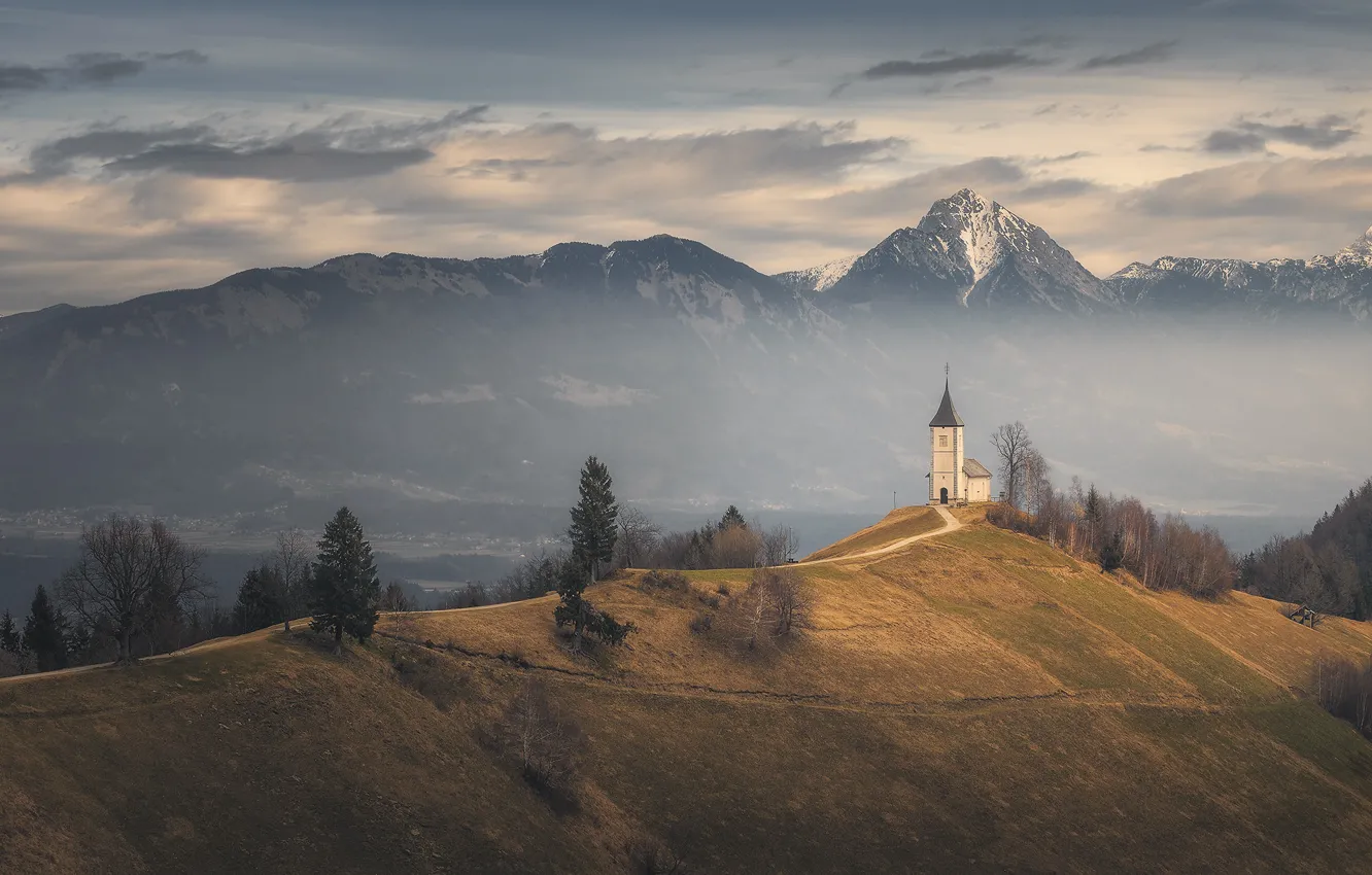 Фото обои mountains, slovenia, church, Fade Away
