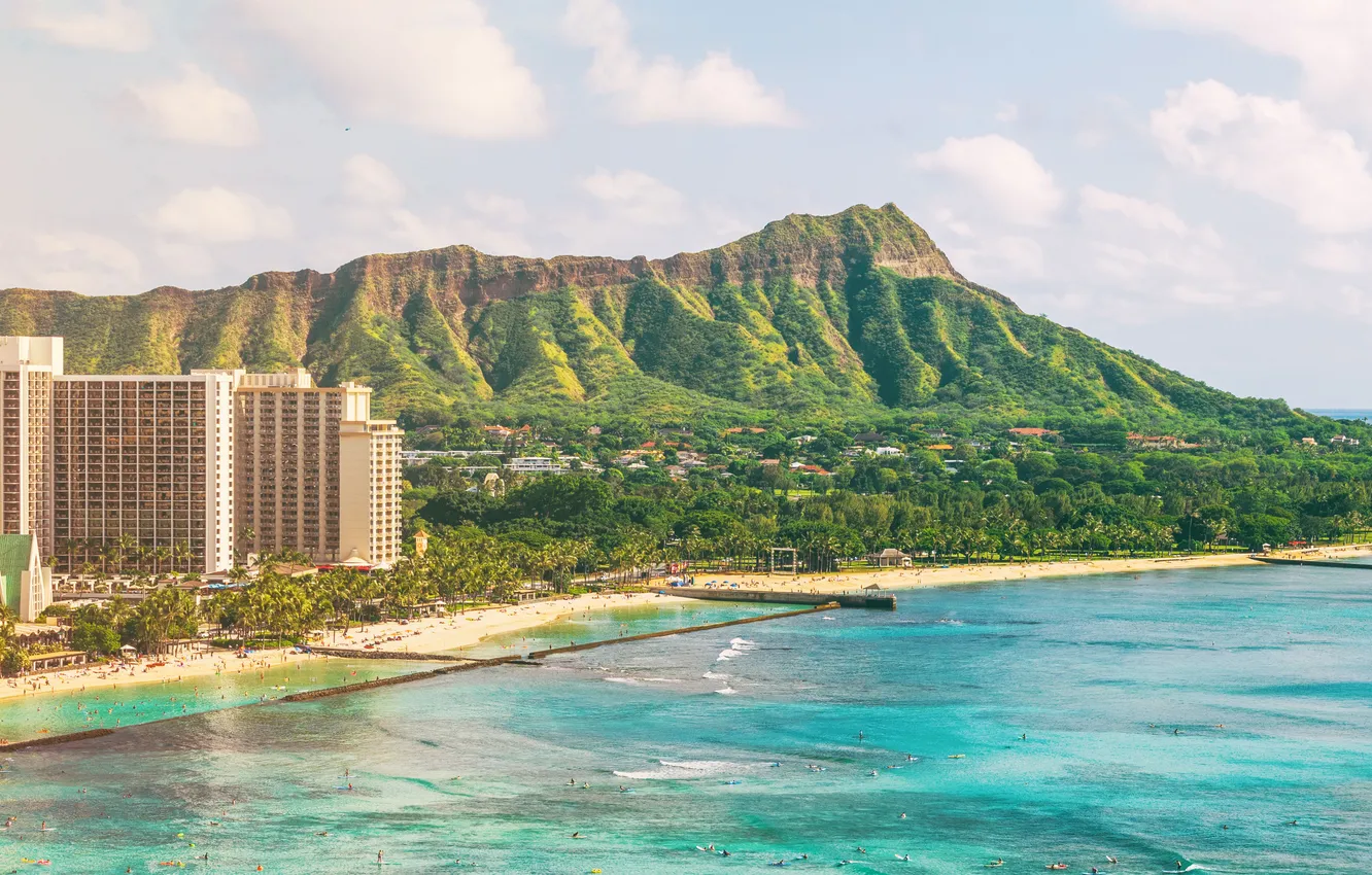 Фото обои beach, diamond, hawaii, cityscape, head, oahu, waikiki, honolulu