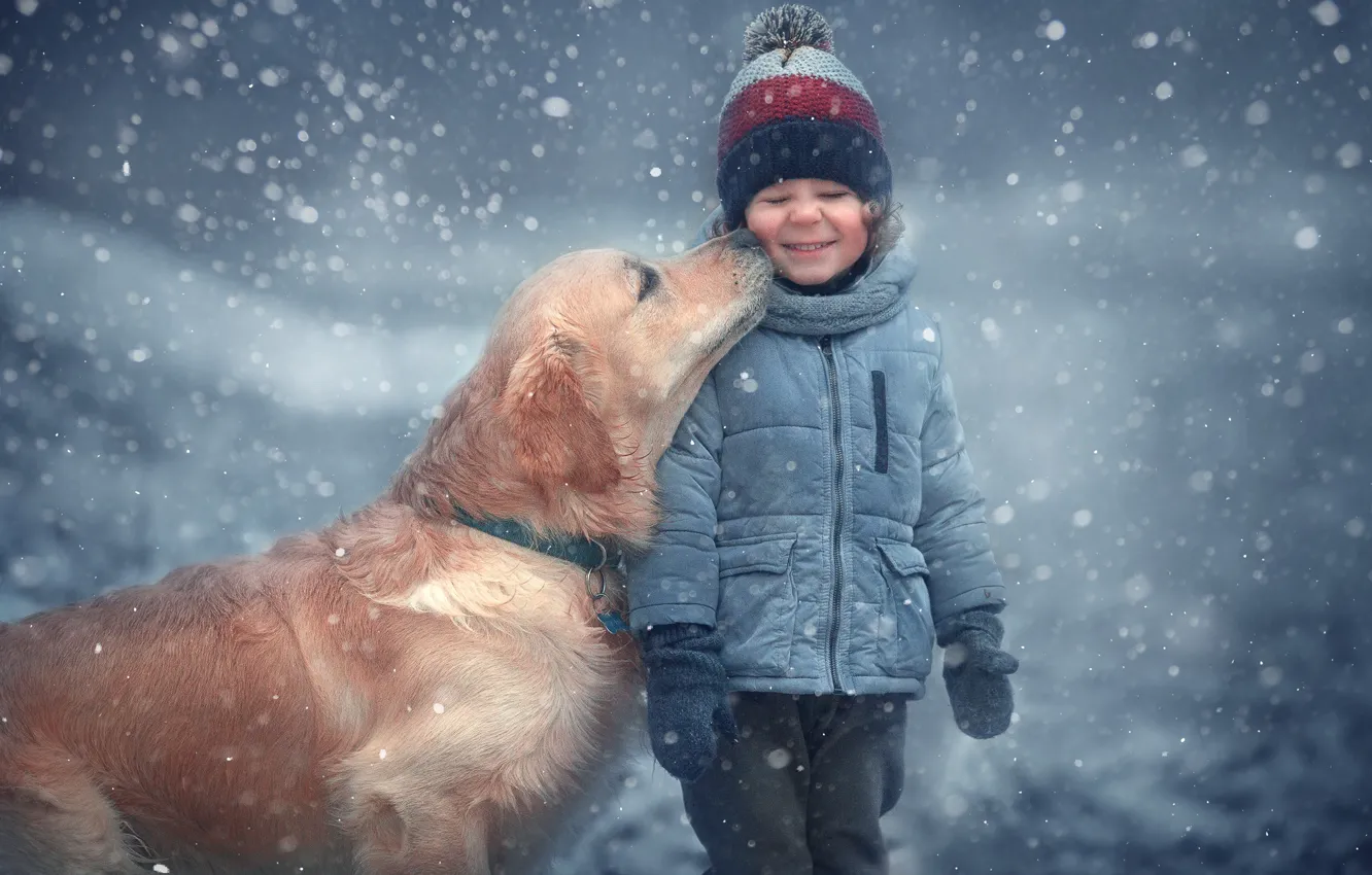 Фото обои зима, снег, животное, собака, ребёнок, пёс, Марианна Смолина