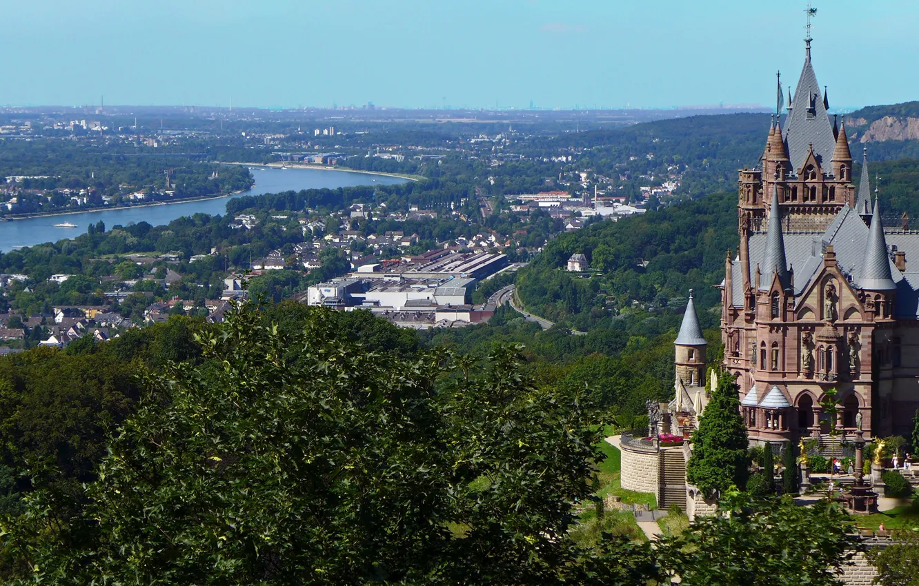 Фото обои город, река, замок, Германия, панорама, Germany, река Рейн, Северный Рейн-Вестфалия