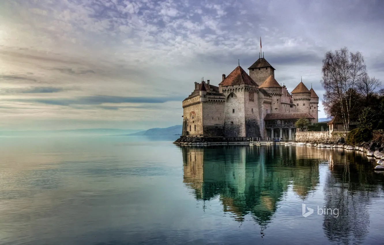 Фото обои небо, вода, деревья, пейзаж, Швейцария, Женевское озеро, Шильонский замок