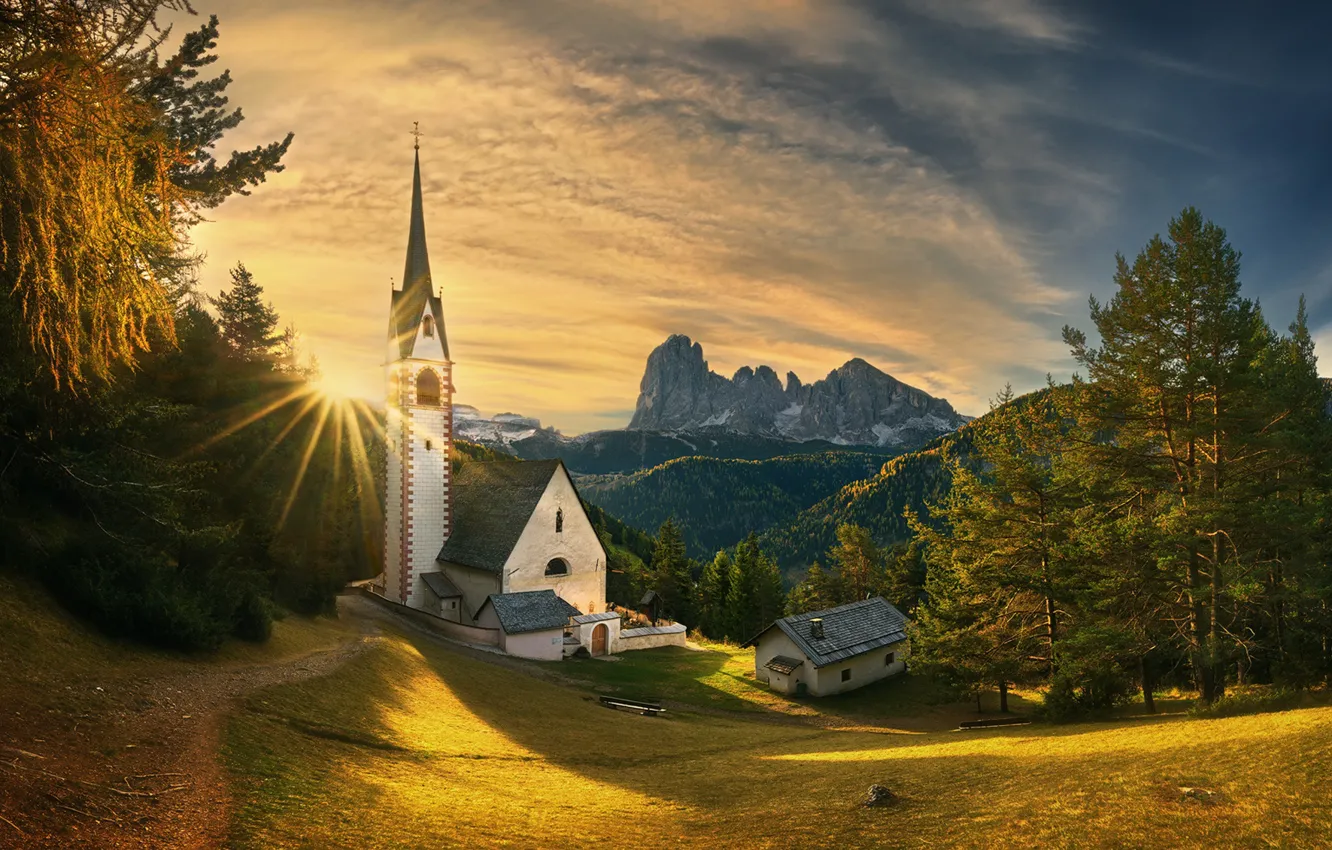 Фото обои деревья, закат, горы, Италия, церковь, Italy, Доломитовые Альпы, Южный Тироль
