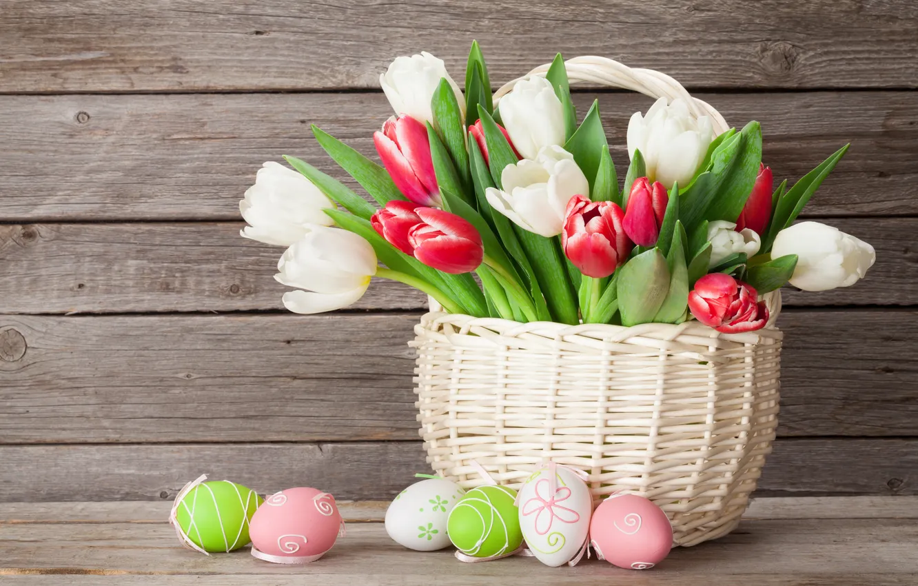 Фото обои цветы, яйца, весна, colorful, Пасха, red, happy, wood