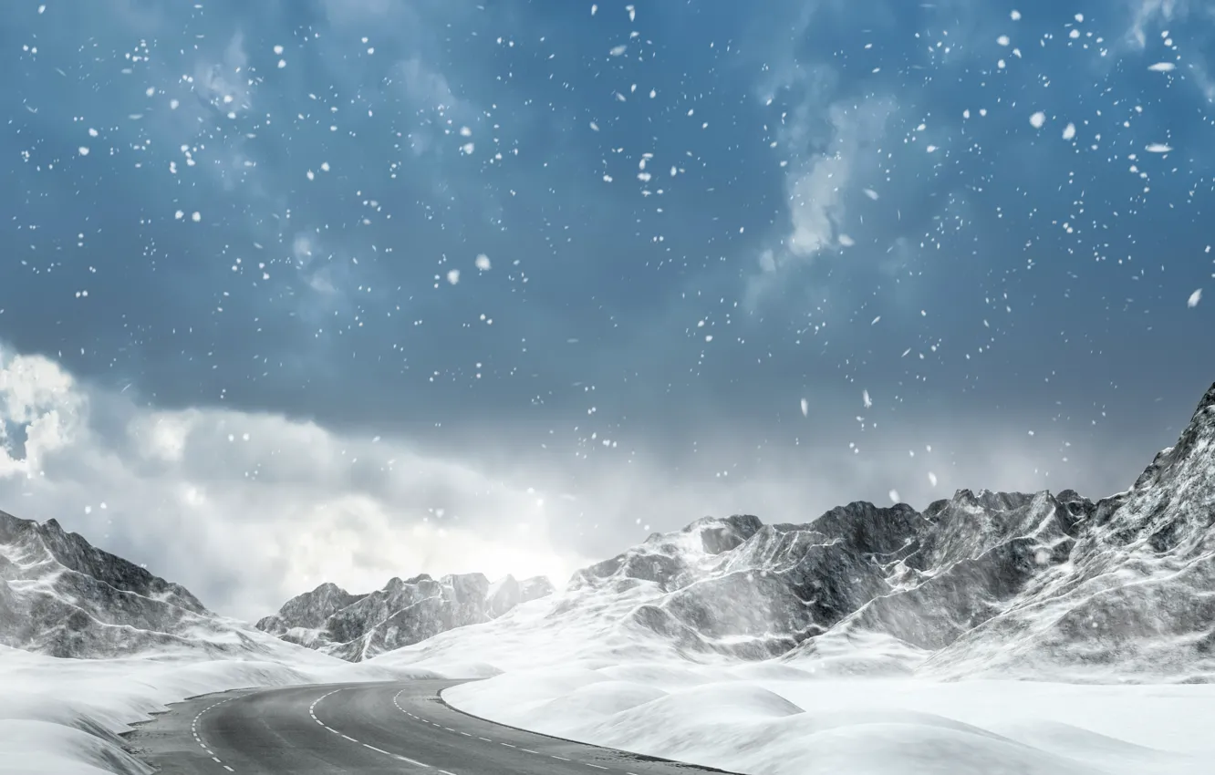 Фото обои зима, дорога, небо, облака, снег, горы, снежинки, шоссе