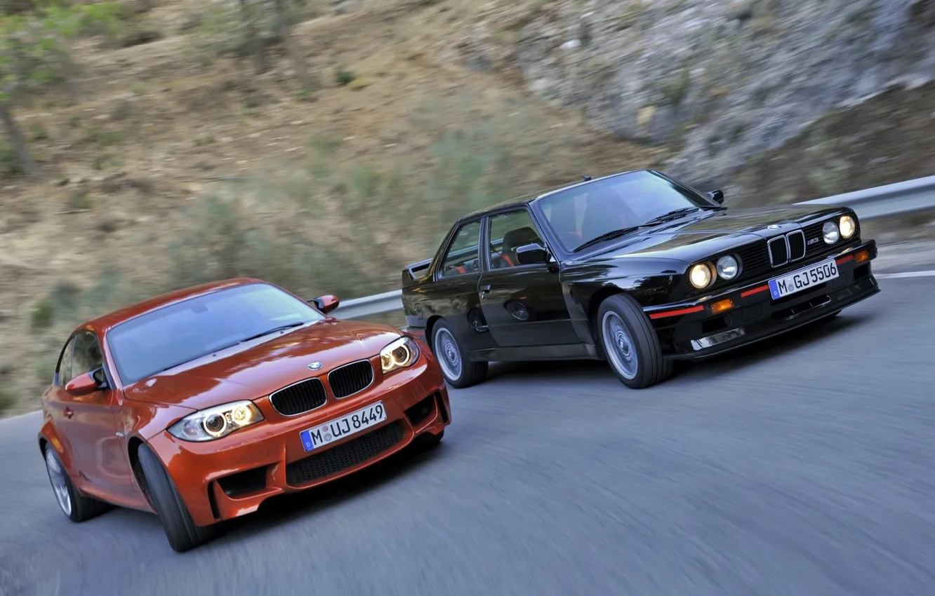 Фото обои дорога, оранжевый, чёрный, бмв, купе, BMW, вираж, Coupe