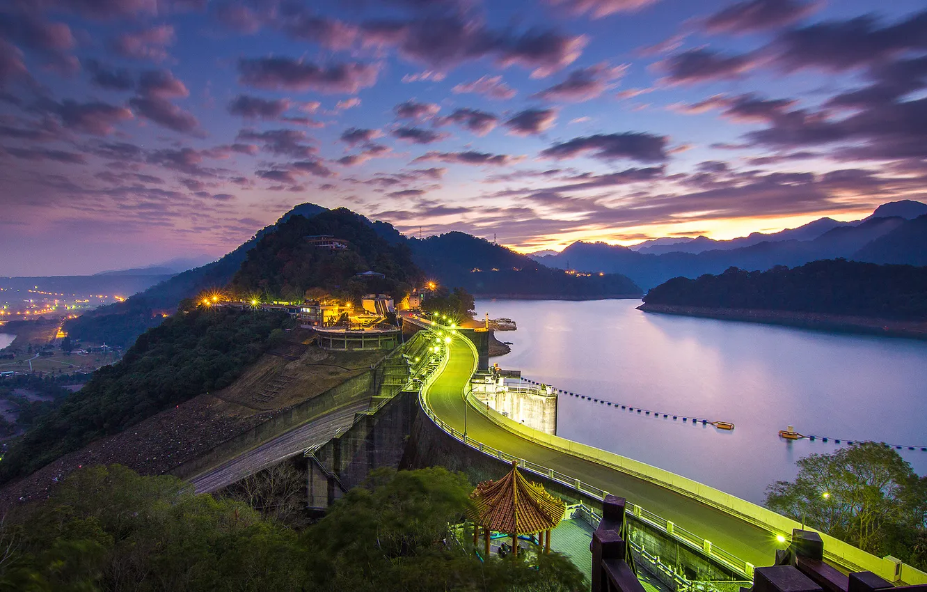 Фото обои river, sunset, night, mountain, china