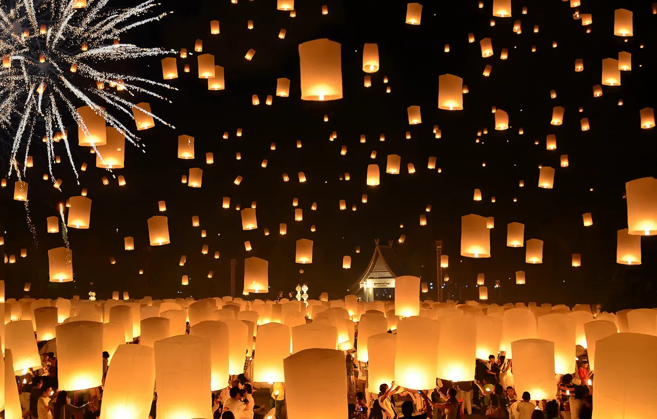 Фото обои Thailand, Loi Krathong Festival, Floating Lanterns