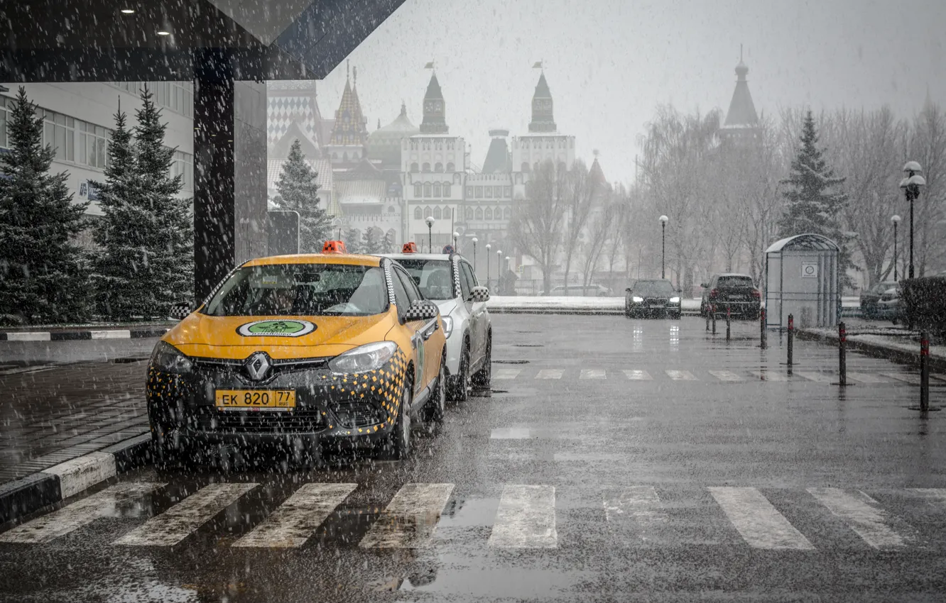 Фото обои снег, улица, Город, Москва, такси, Moskow