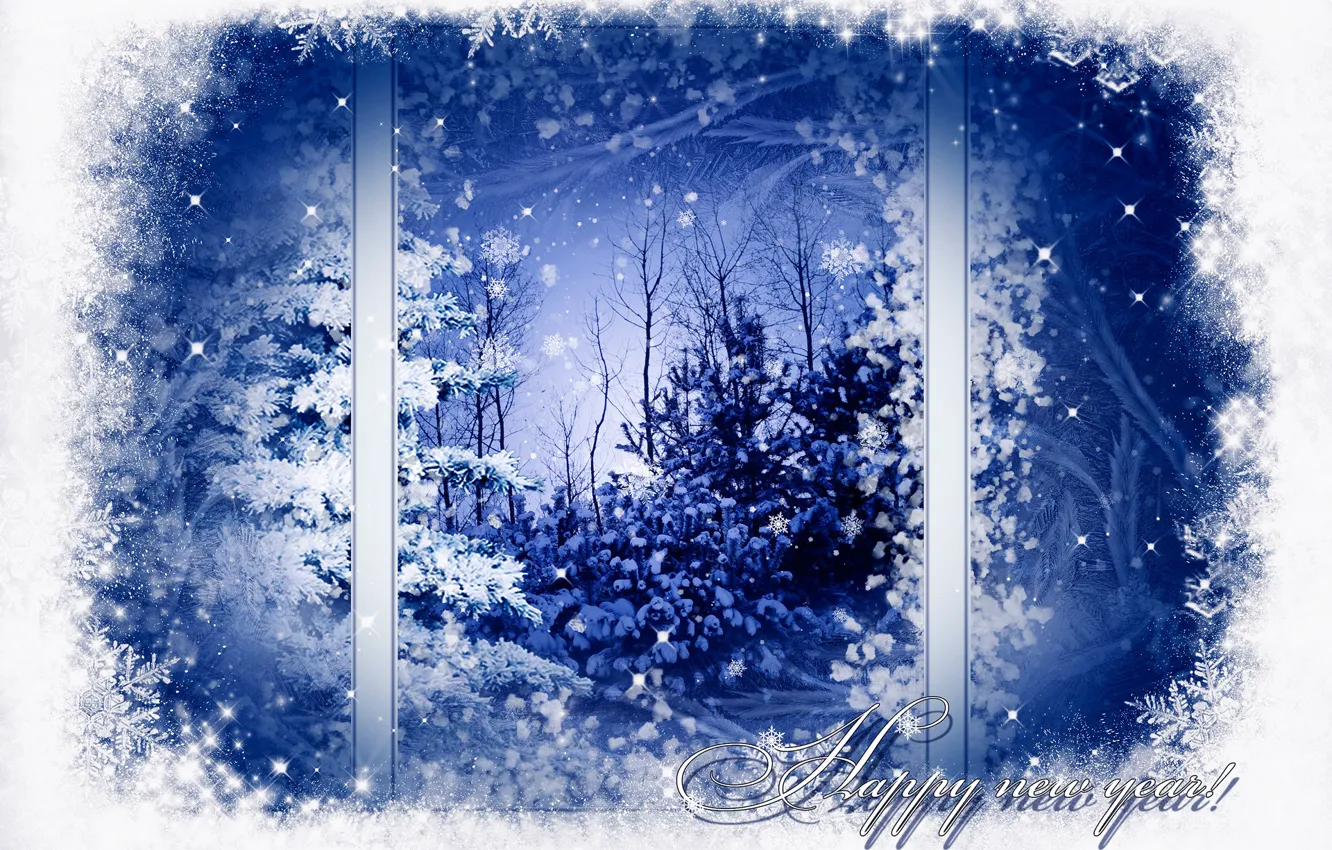 Фото обои зима, снег, деревья, снежинки, узор, елка, окно, Новый год