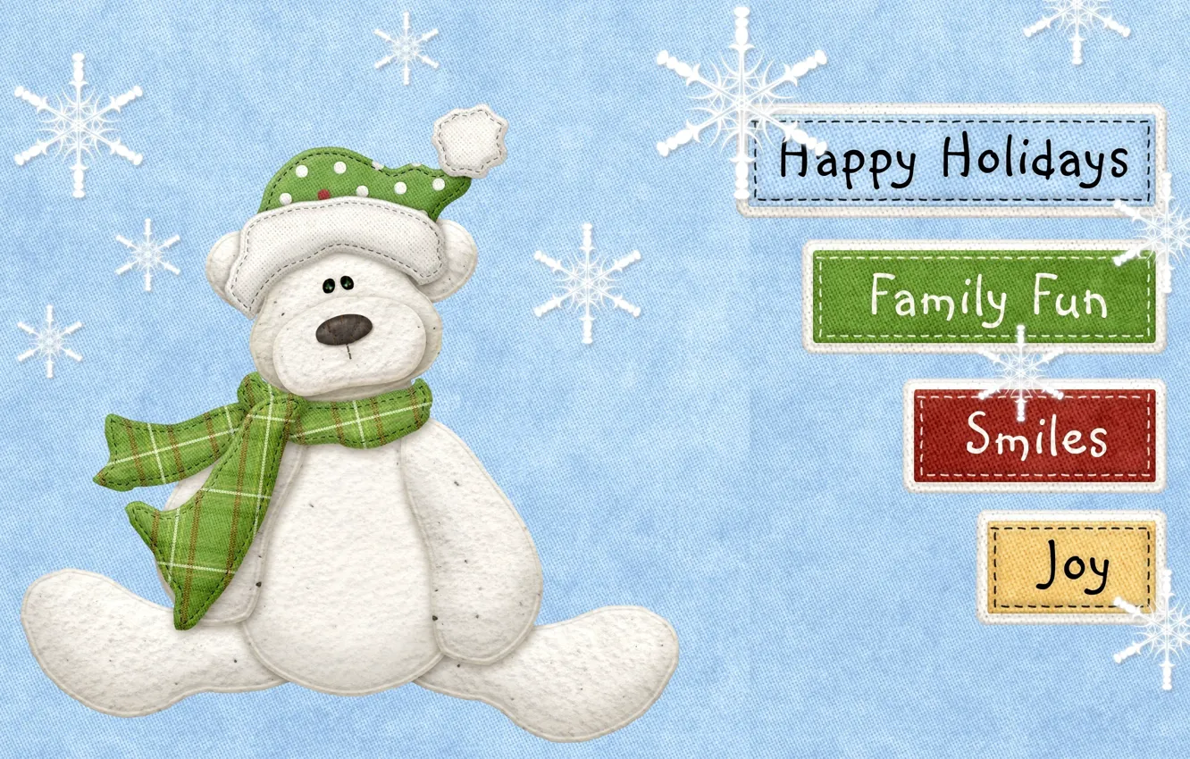 Фото обои снежинки, улыбка, надписи, праздник, семья, мишка, веселье