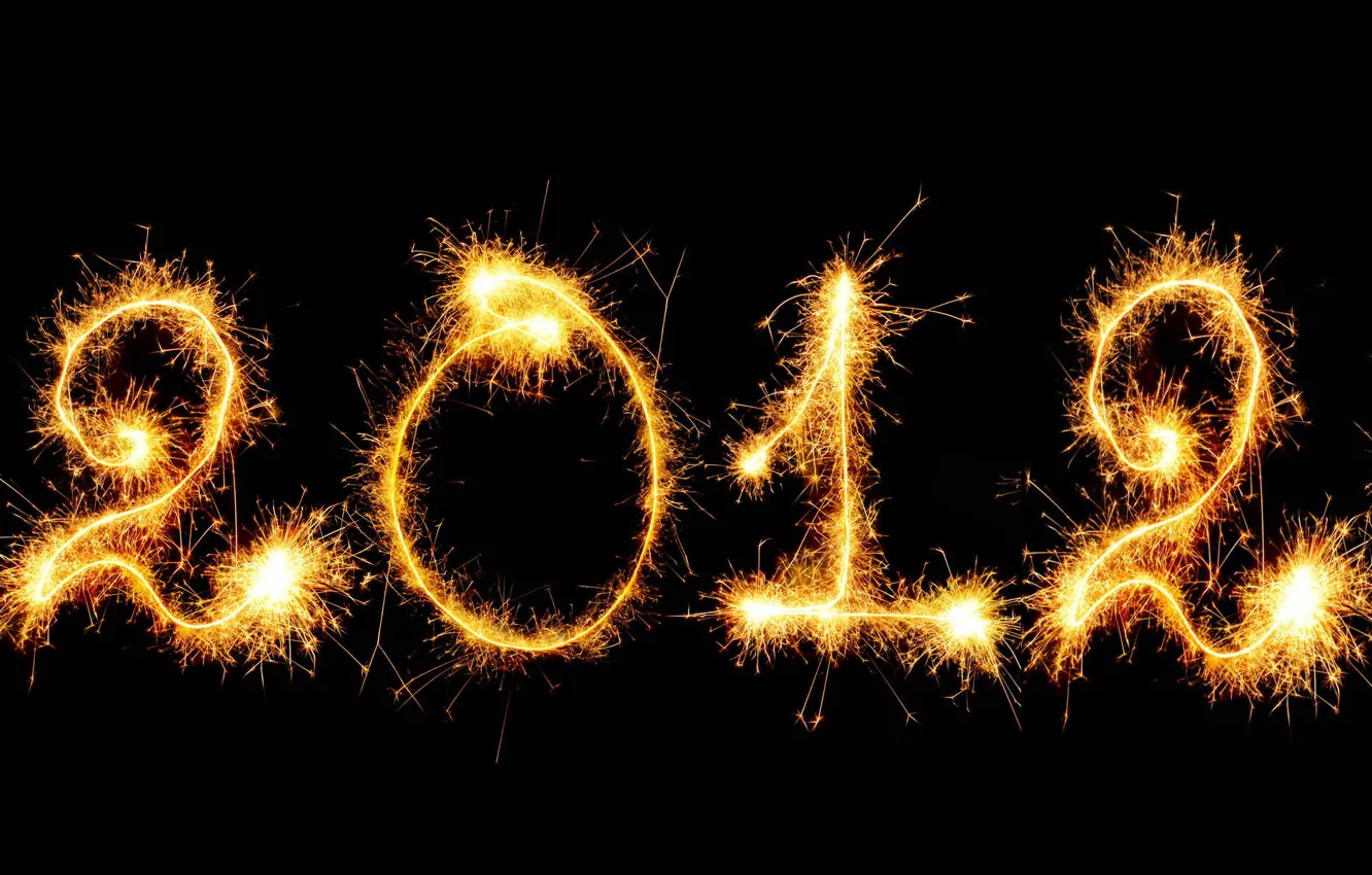 Фото обои новый год, текстура, искры, черный фон, 2012, число, бенгальские огни
