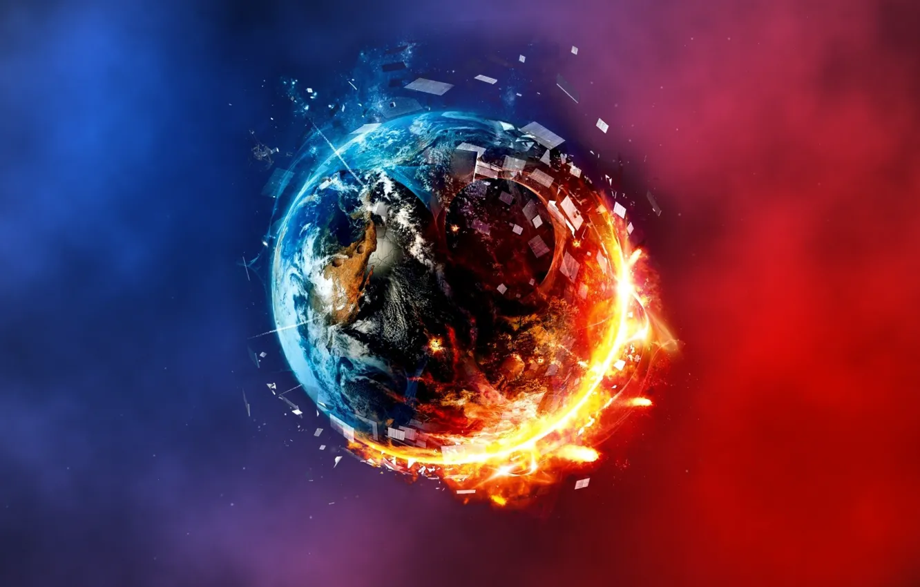 Фото обои abstract, planet, fire and ice, red and blue