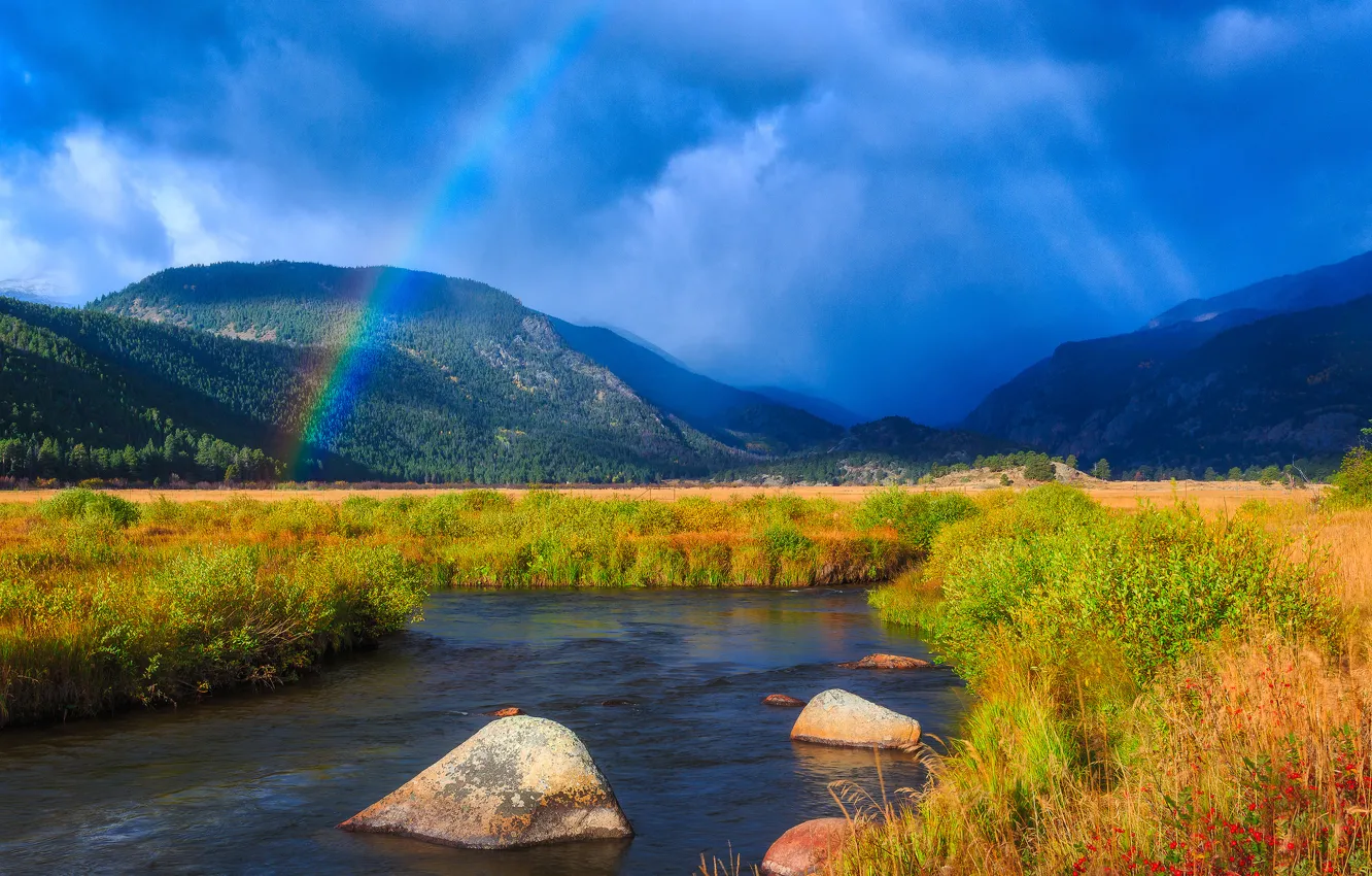 Фото обои горы, ручей, радуга, Колорадо, речка, Colorado, Скалистые горы, Rocky Mountains