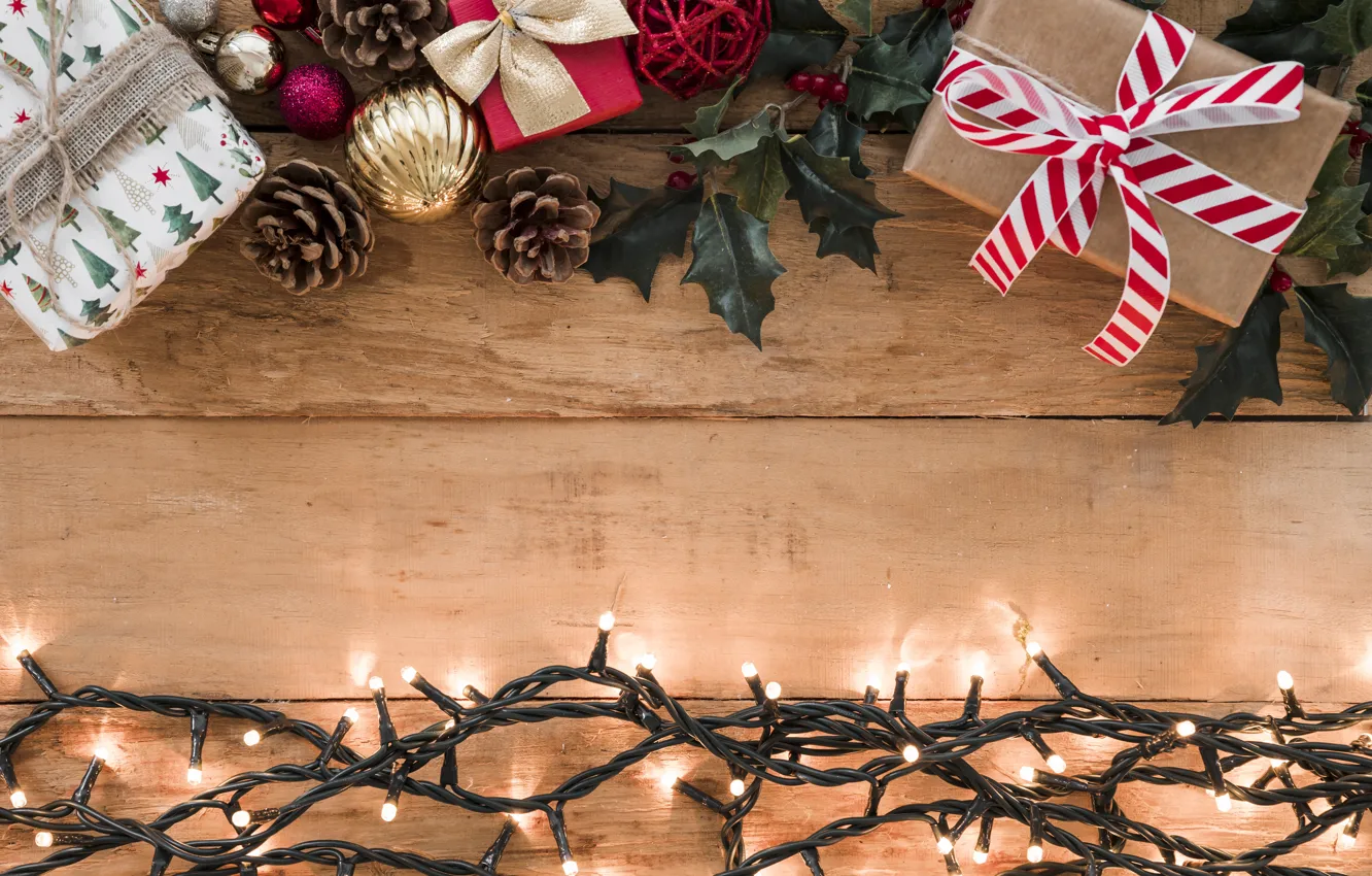 Фото обои украшения, Новый Год, Рождество, подарки, гирлянда, Christmas, wood, New Year