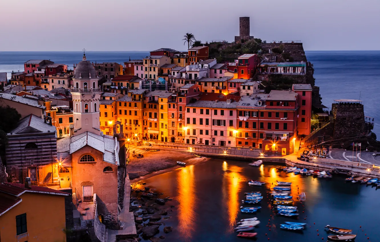 Фото обои побережье, здания, Италия, панорама, Italy, Вернацца, Vernazza, Cinque Terre