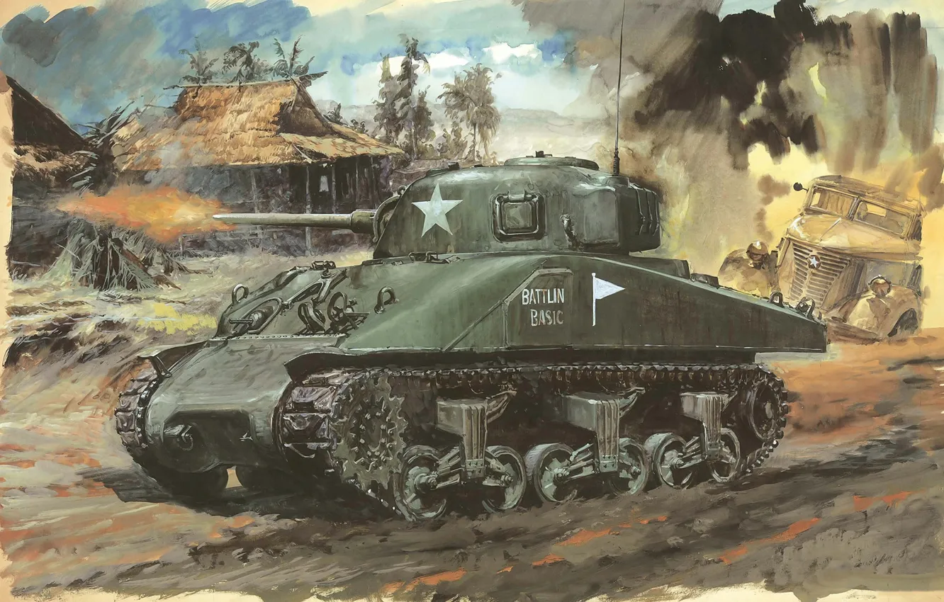 Фото обои рисунок, арт, танк, сражение, всех, американский, армии, M4A1