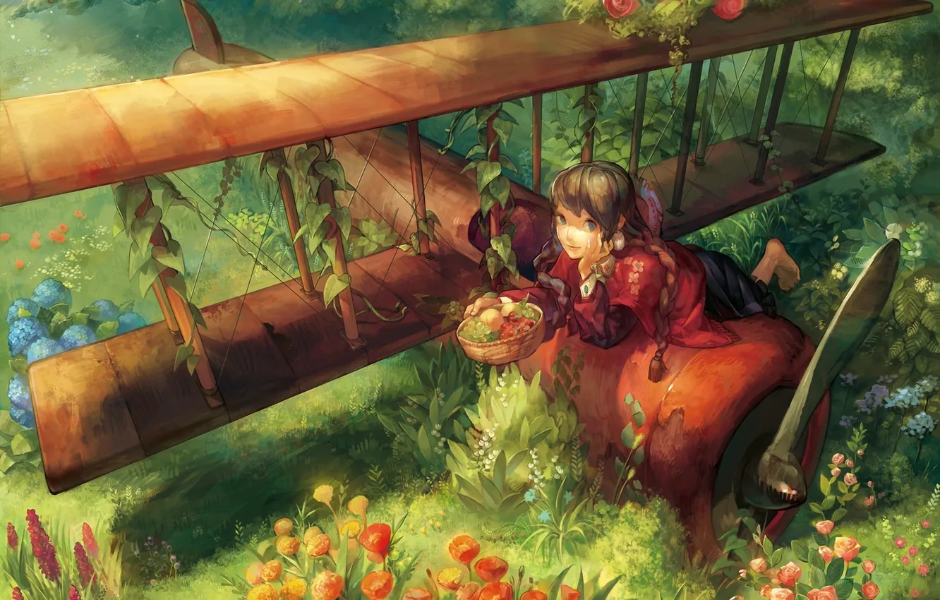 Фото обои лес, цветы, самолет, корзина, девочка, фрукты, плющ