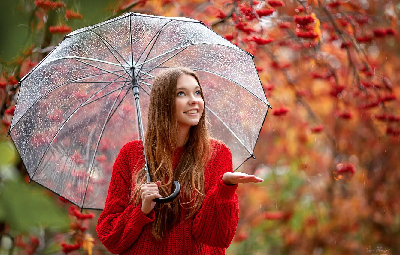 Фото обои осень, капли, улыбка, дождь, Девушка, зонт, рябина, Кристина