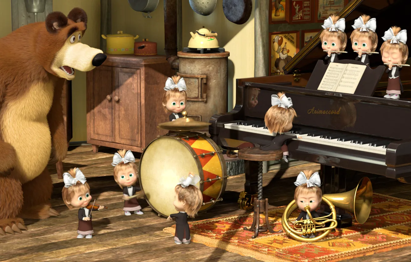 Фото обои мультфильм, рояль, труба, барабан, маша и медведь, оркестр
