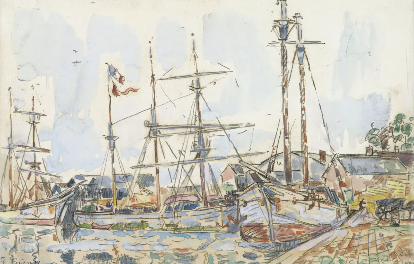 Фото обои рисунок, корабль, акварель, 1929, Поль Синьяк, Paul Signac, Порт Сен-Серван