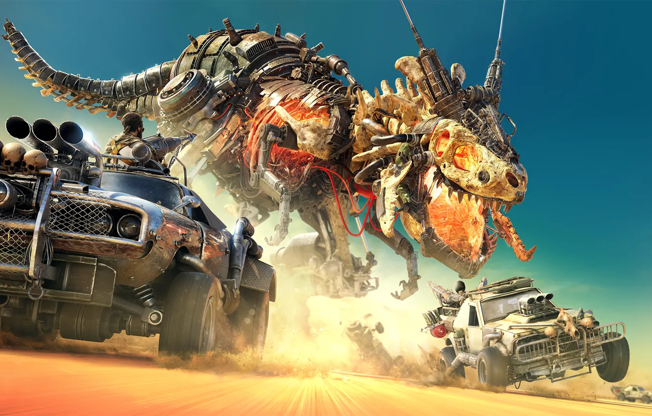 Фото обои машины, пустыня, робот, динозавр, погоня, постапокалипсис, автомашины