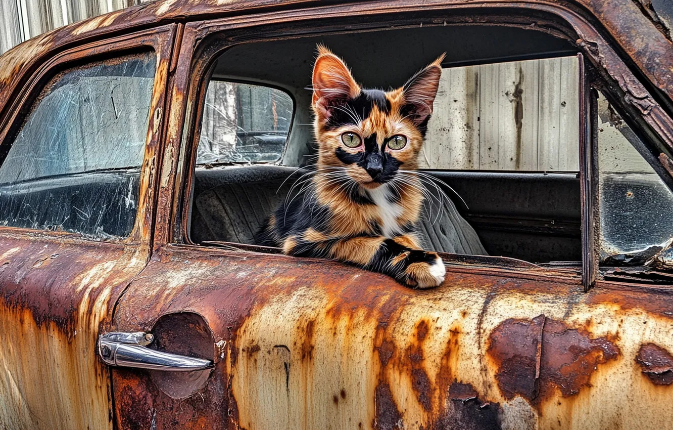 Фото обои машина, кошка, взгляд, поза, котенок, забор, окно, ржавчина