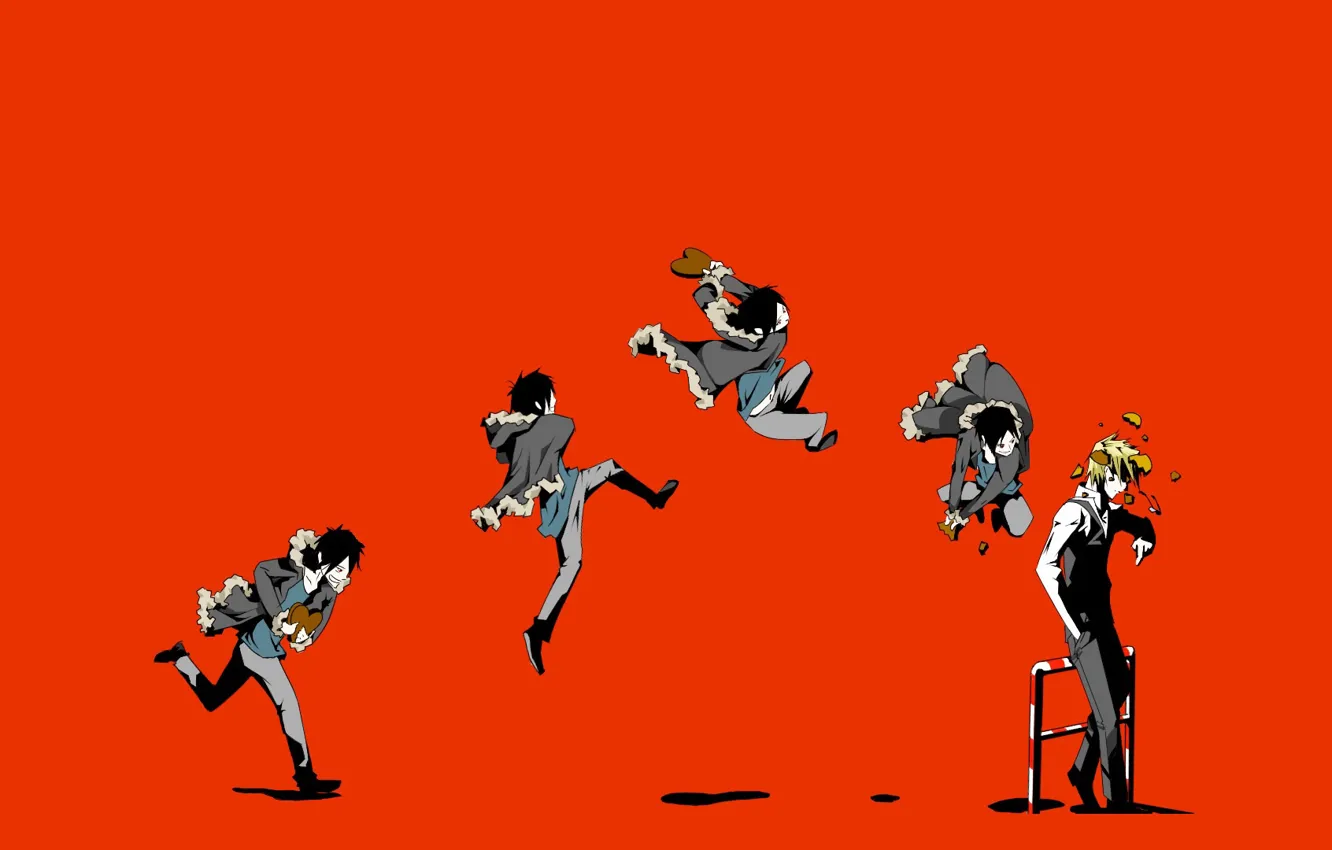 Фото обои обломки, прыжок, удар, art, хулиган, Heiwajima Shizuo, Durarara!!, адская ухмылка