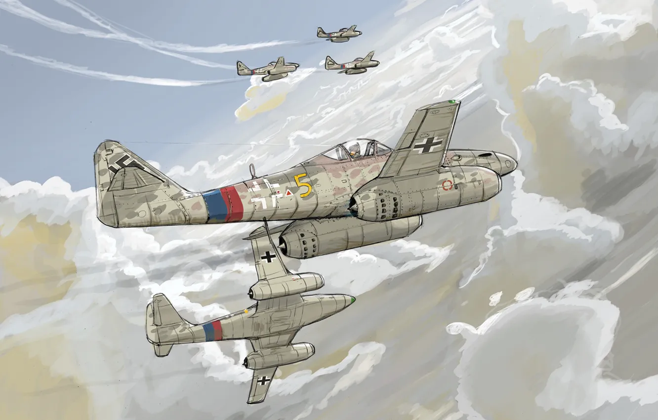 Фото обои небо, облака, рисунок, истребитель, реактивный, Messerschmit, Luftwaffe, Schwalbe