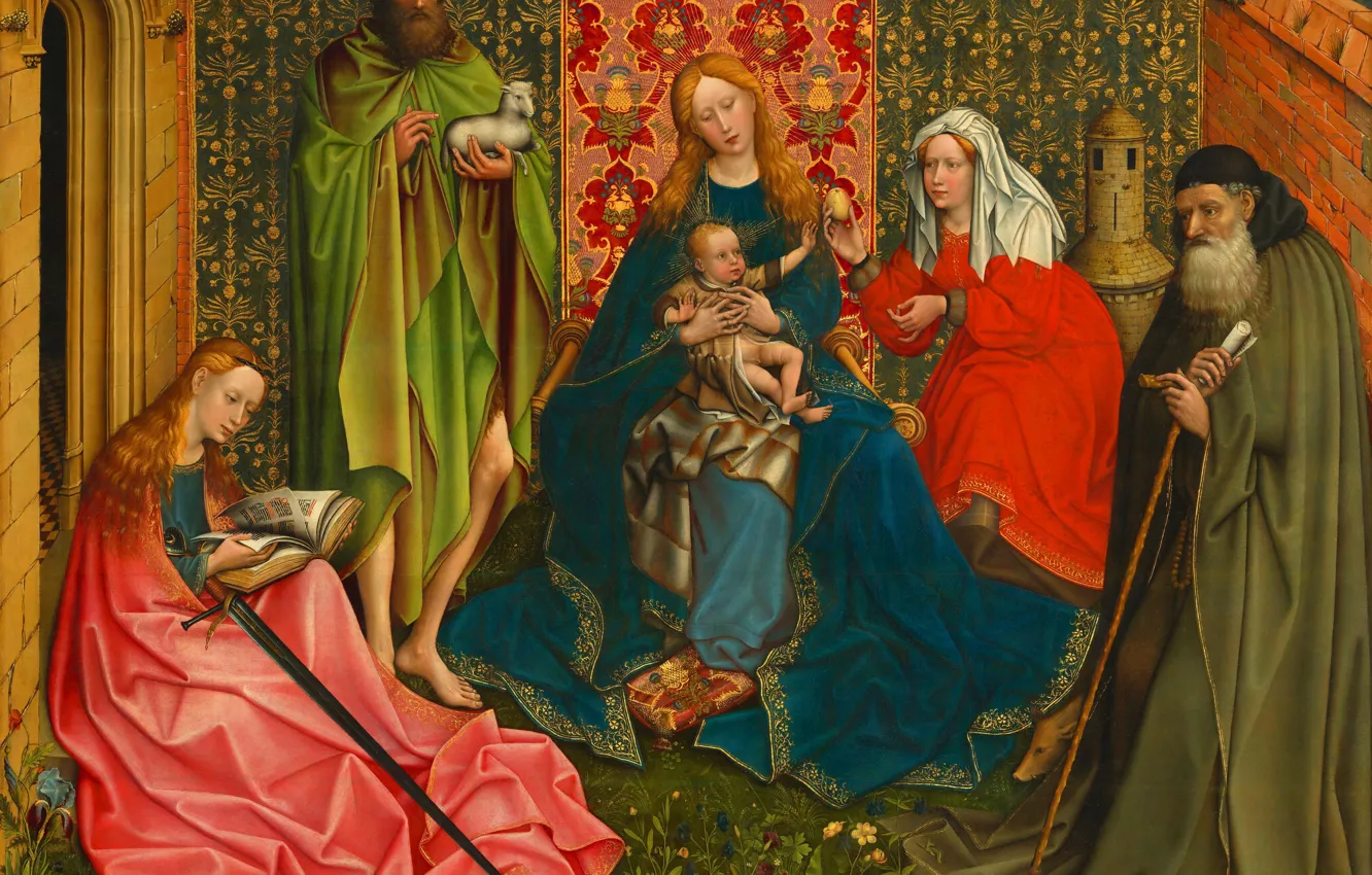 Фото обои Картина, Мадонна, Святые, Младенец, Мадонна с младенцем и святыми в огороженном саду, Неизвестный автор, Последователь …