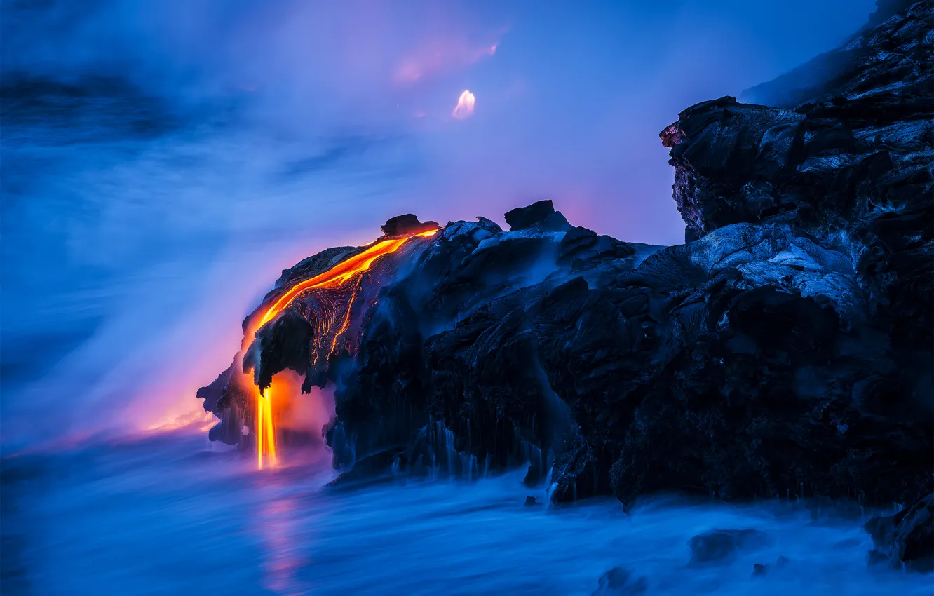 Фото обои море, вода, природа, скалы, выдержка, лава, магма