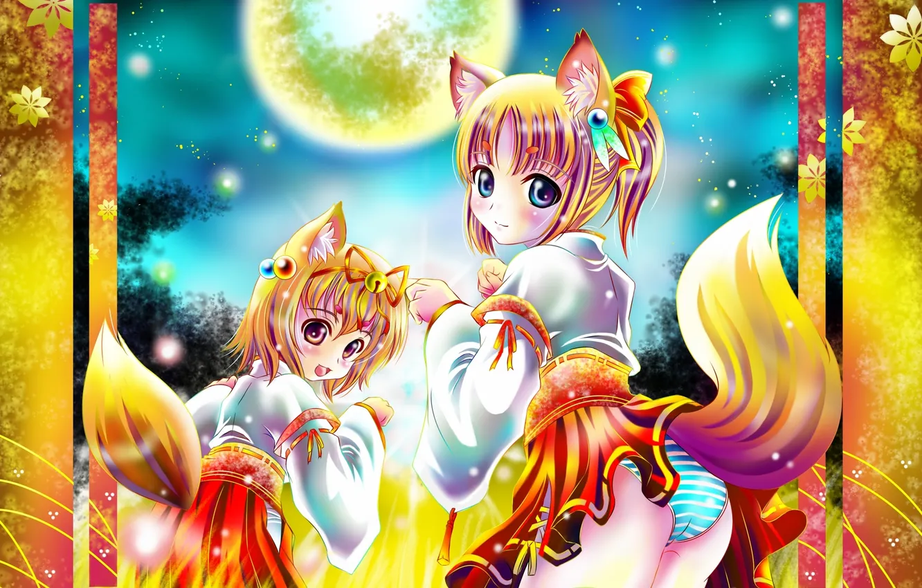 Фото обои девушки, луна, арт, уши, aka kitsune, лисицы