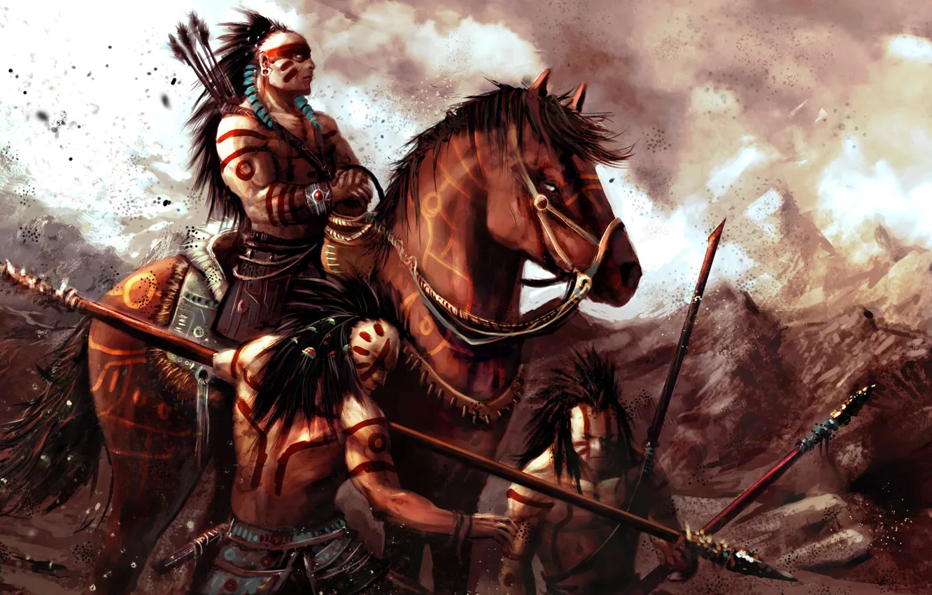 Фото обои арт, всадник, воины, индейцы, копья