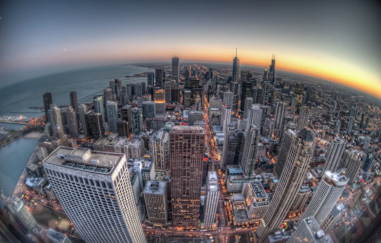 Фото обои закат, здания, Чикаго, Chicago, небоскрёбы
