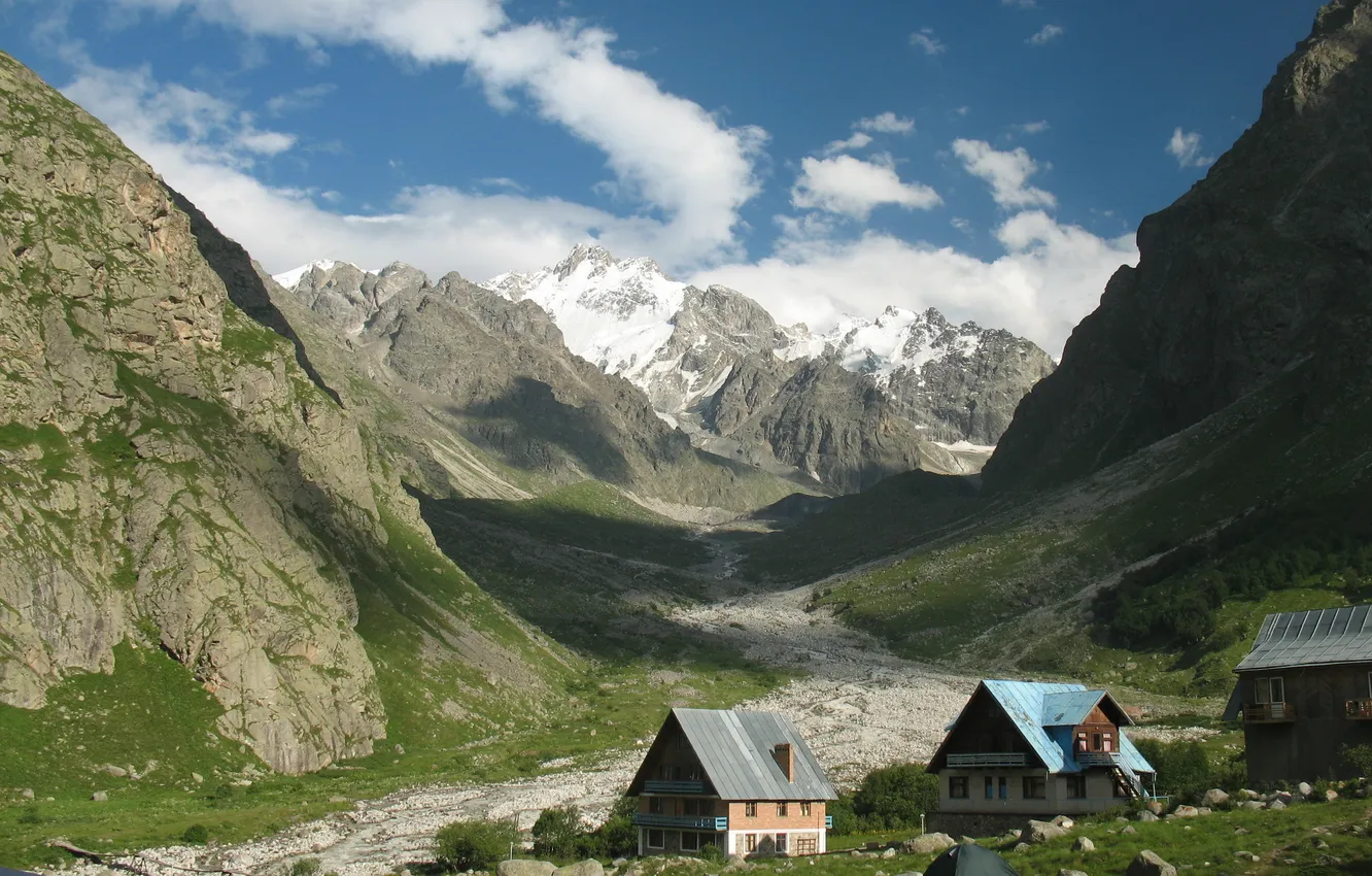 Фото обои пейзаж, горы, природа, домики, Россия, палатки, Kabardino-Balkaria