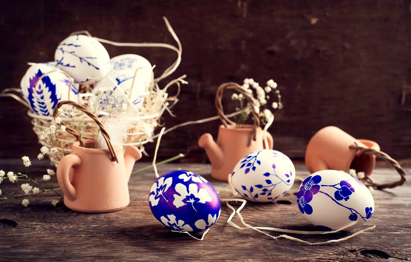 Фото обои цветы, яйца, посуда, корзинка, роспись